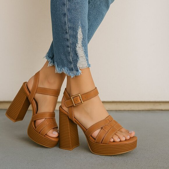 TAN TRIM PLATFORM WOOD WEDGE HEEL - NON-BRANDED - Picture 1 of 7